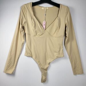 Qinsen Bodysuit Top Beige Long Sleeve V-Neck Snap Crotch Large Going Out Top New